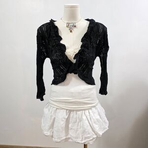Arrone Japanese brand black lace ruffle cardigan with tie detail